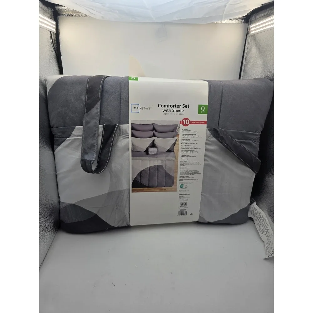 Mainstays Queen Comforter Set 10 Piece Grey White Geometric Sheets Pillow Set